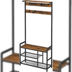 Kleiderständer, Garderobenständer mit Sitzfläche und 8 Haken, aus Stahlgestell, Höhe 182 cm, Industrie-Design, Vintagebraun-schwarz
