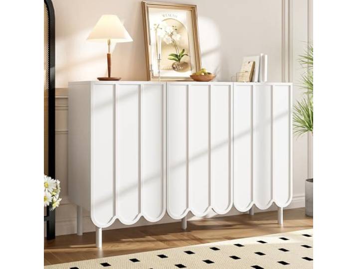 OLIVIBED Sideboard Weiß Matt, Kommode mit 4 Türen, Anrichte Küche mit Beine, Modernes Welliger Wohnzimmerschränke, Mehrzweckschrank für Wohnzimmer Schlafzimmer Flur Büro, 120x35x80cm (Weiß)