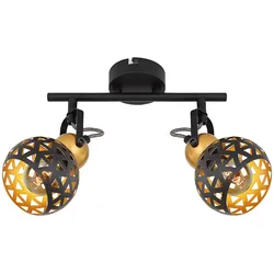 Deckenleuchte Metall schwarz gold Deckenstrahler 2 flammig Deckenlampe mit schwenkbaren Spots, Metall, Muster, 2x E14 Fassungen, LxBxH 25x10x17,5 cm