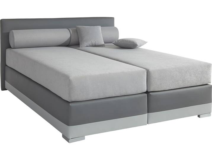 Boxspringbett, Grau, 207x210 cm, Microvelours/Kunstleder, 2 Matratzen, Modern, Maintal