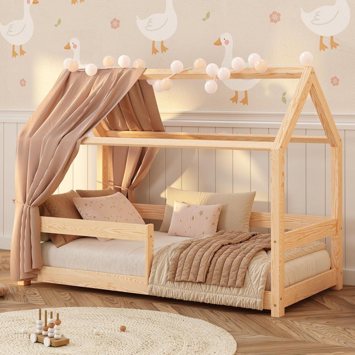 Kinderbett - Hausbett - Kleinkindbett - Montessori-Bett - Massivholz - Absturzsicherung - Lattenrost 90x200 cm
