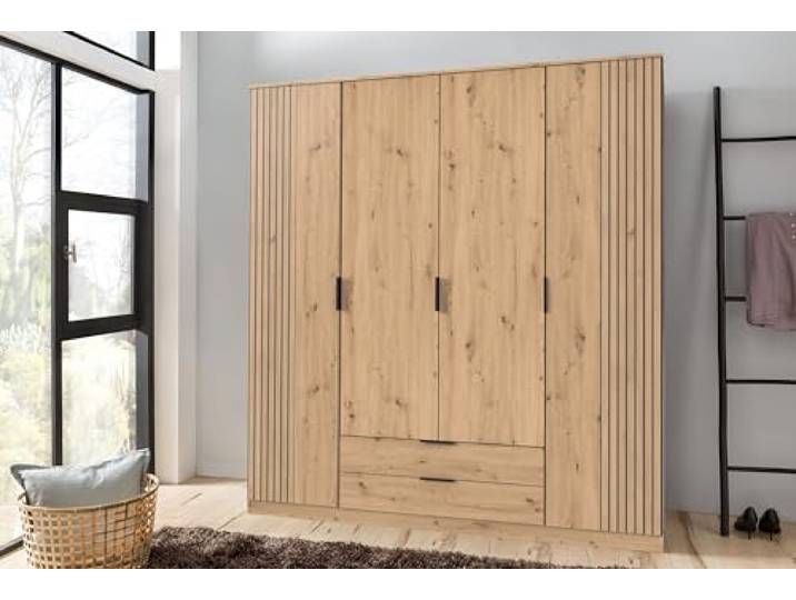 möbelando Drehtürenschrank >LUEBECK< in Artisan-Eiche-NACHBILDUNG + AKUSTIKLAMELLEN-NB Artisan