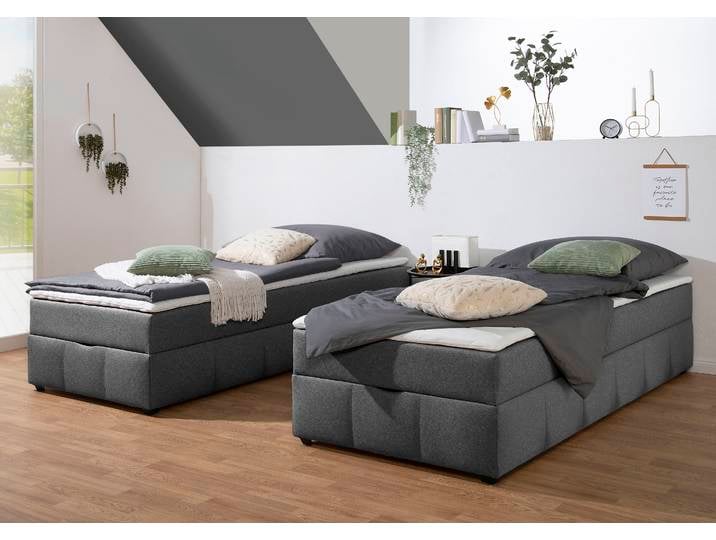 Boxbett, Tonnentaschenfederkern, Anthrazit, 90×200 cm, Mit Topper & Stauraum, Modern, Home-affaire