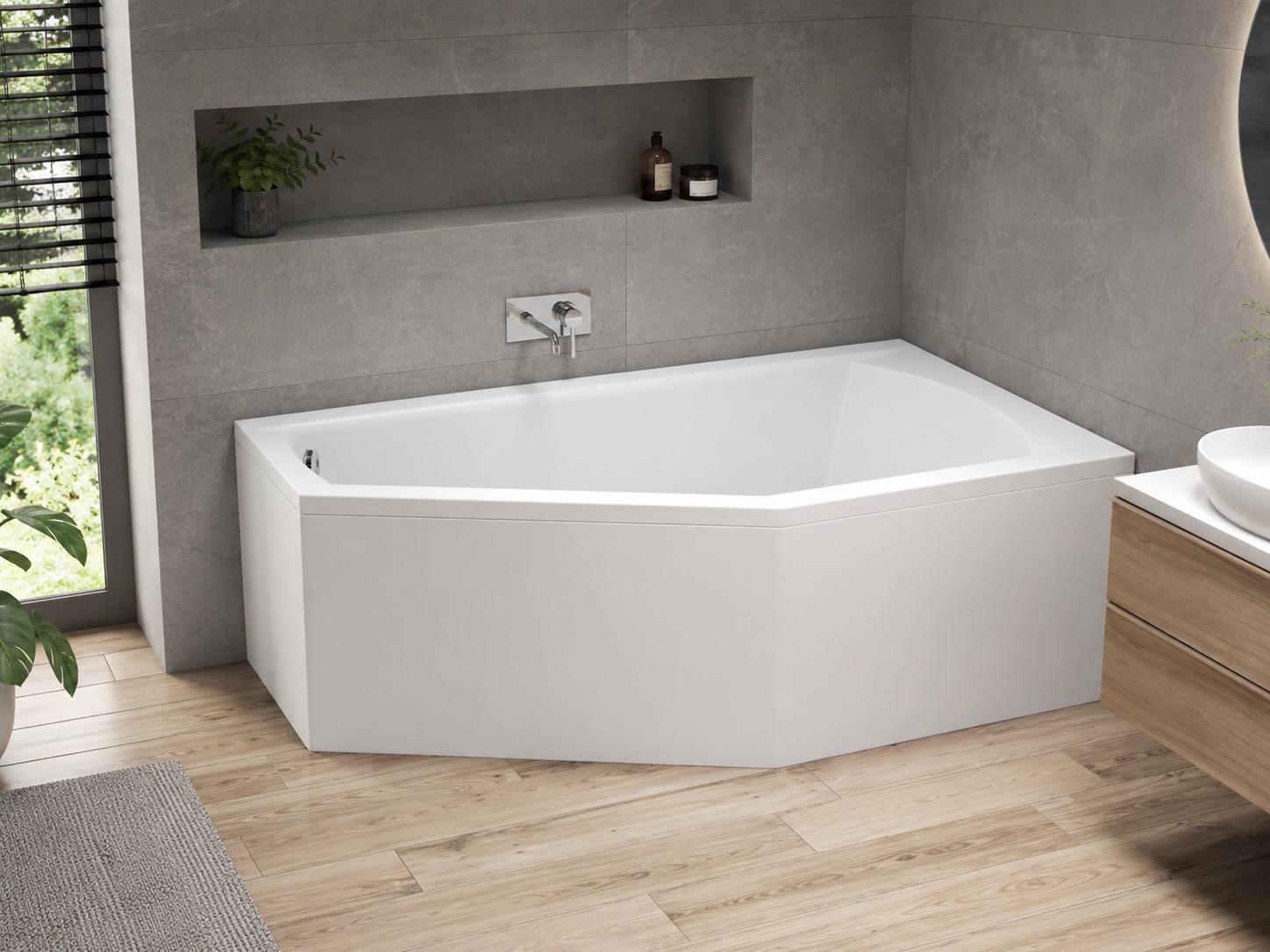 AQUA for you | Badewanne - Polimat Selena - Asymmetrische Badewanne - 140x90 cm - Rechts - Weiß - mit Verkleidung, Siphon, Gestell, Acrylwanne