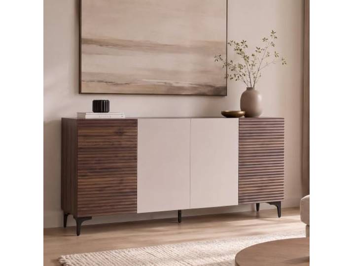 Mendler Sideboard HWC-Q84, 3D-Struktur Melamin - Walnuss-Optik Schrank, Kommode, Türen, MDF, 80x160x42cm, Staufächer