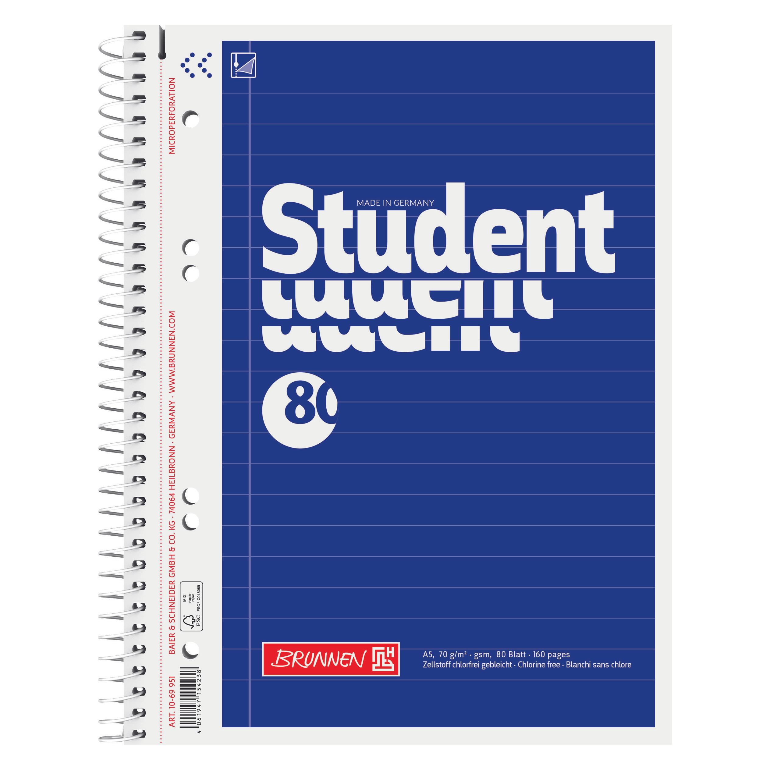 Brunnen Collegeblock Student | A5, Lineatur 4, 80 Blatt, blau (A5, Liniert) (71676713) Mindestbestellmenge: 5 Stück