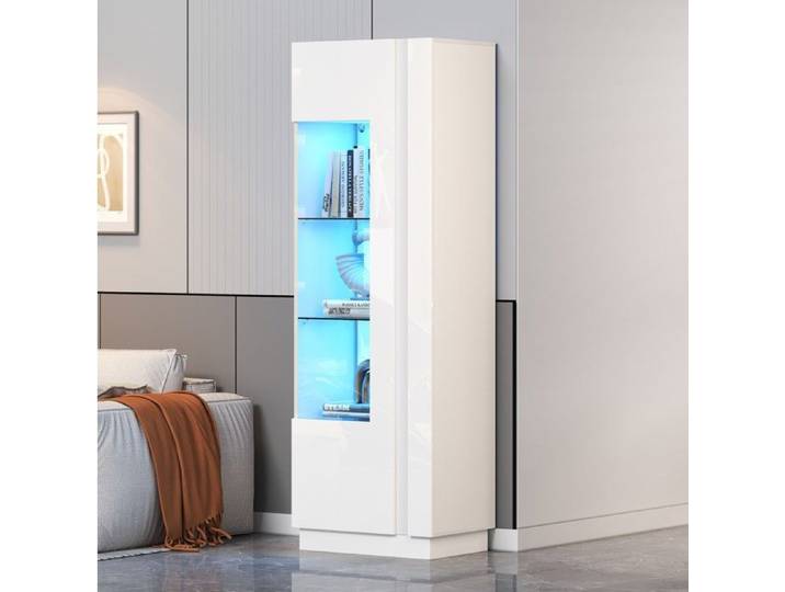 Meuble vitrine blanche 60x40x180 cm avec LED et porte acrylique transparente façade brillante 5 niveaux VEVXYN