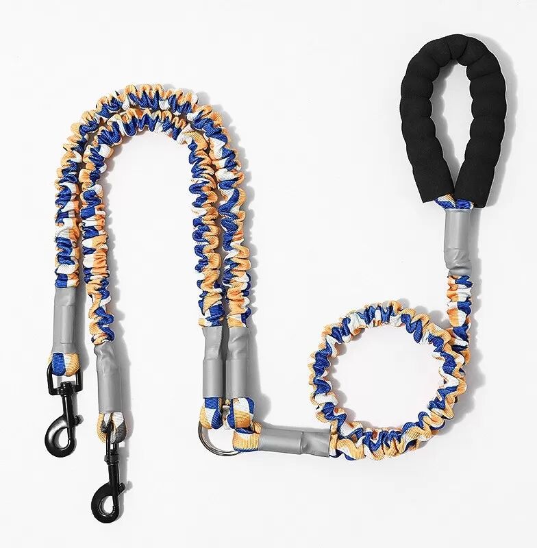 INF Doppelte Hundeleine, Kein Verheddern, Doppelte Hundeleine mit Komfortablem Schaumstoffgriff Blau+Orange