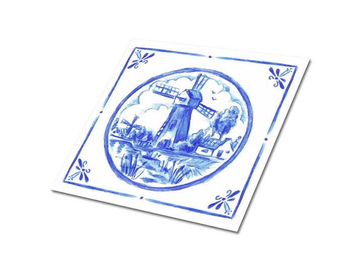 Tulup Selbstklebende Wandfliesen 9 Stück 30x30 cm - Windmühle im Azulejos-Stil, Blau, Quadratisch, 30x1.6x30 cm, Tapeten & Wandverkleidungen, Wandtattoos & Sticker