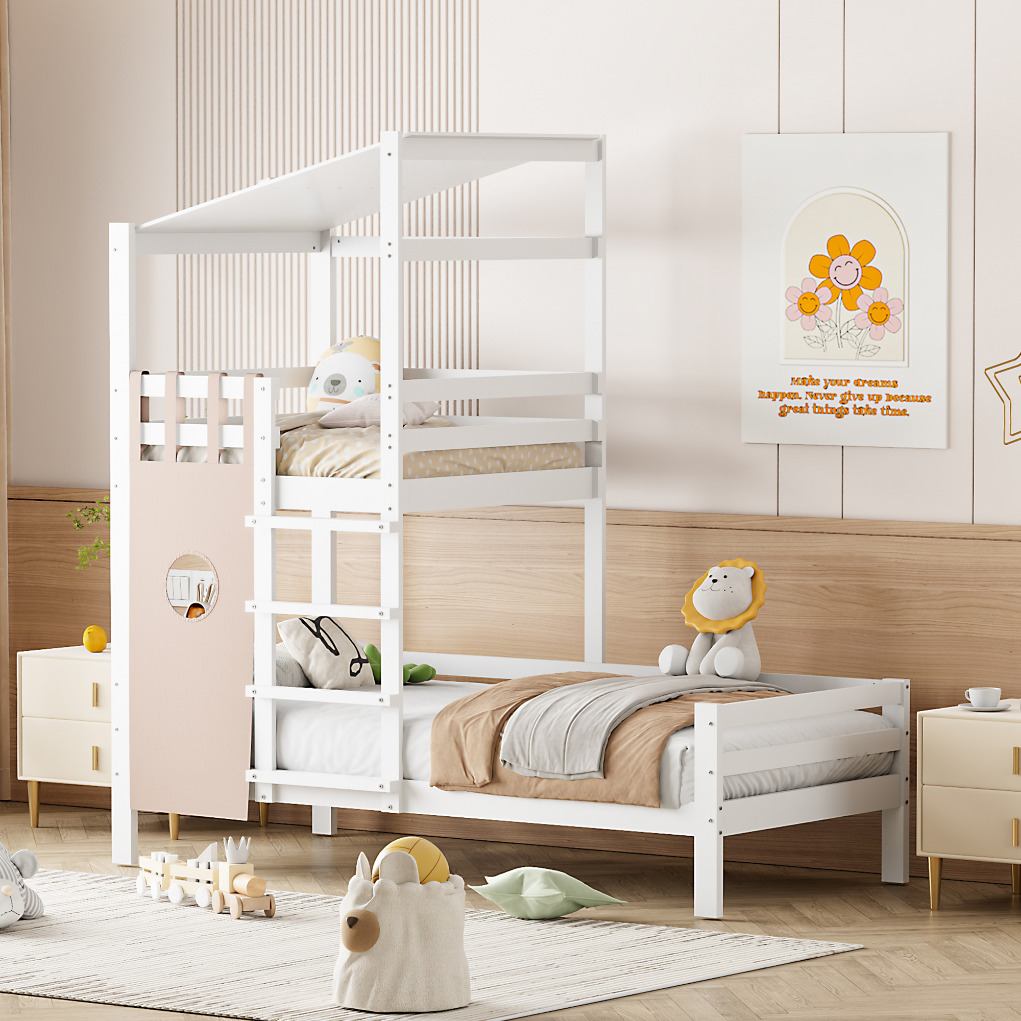 Kinderbett mit Lattenrost, Spielturm und Leiter, 90x200 cm, Holzbett, Einzelbett, Jugendbett
