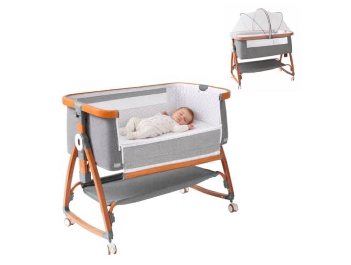 MuffyMouse Babybett faltbar, kompakt, mit Rollen Beistellbett Baby mit Rollen und Wiegenfunktion - Baby-Bett höhenverstellbar mit 6 Stufen, inklusive Moskitonetz