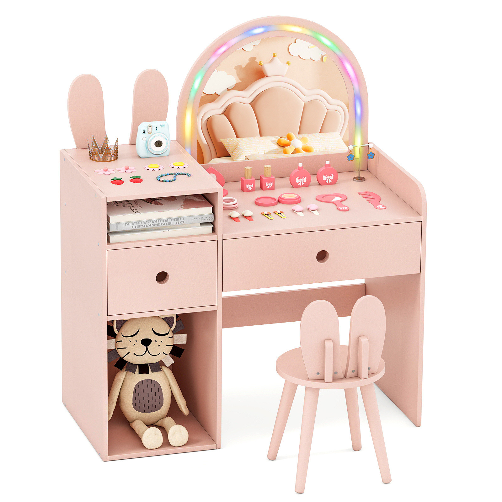 Costway Kinderkaptafel met LED-spiegel en Stoel, Houten Make-uptafel voor Meisjes met Konijnenoren en Lade, Roze