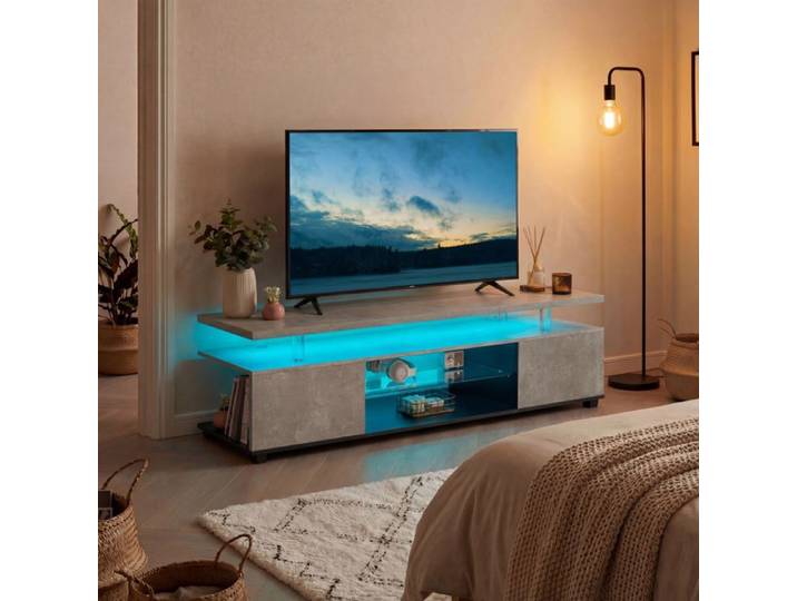 Meuble TV 130 cm – Gris/Noir – 60  – 3 Rangements Cachés – Étagère