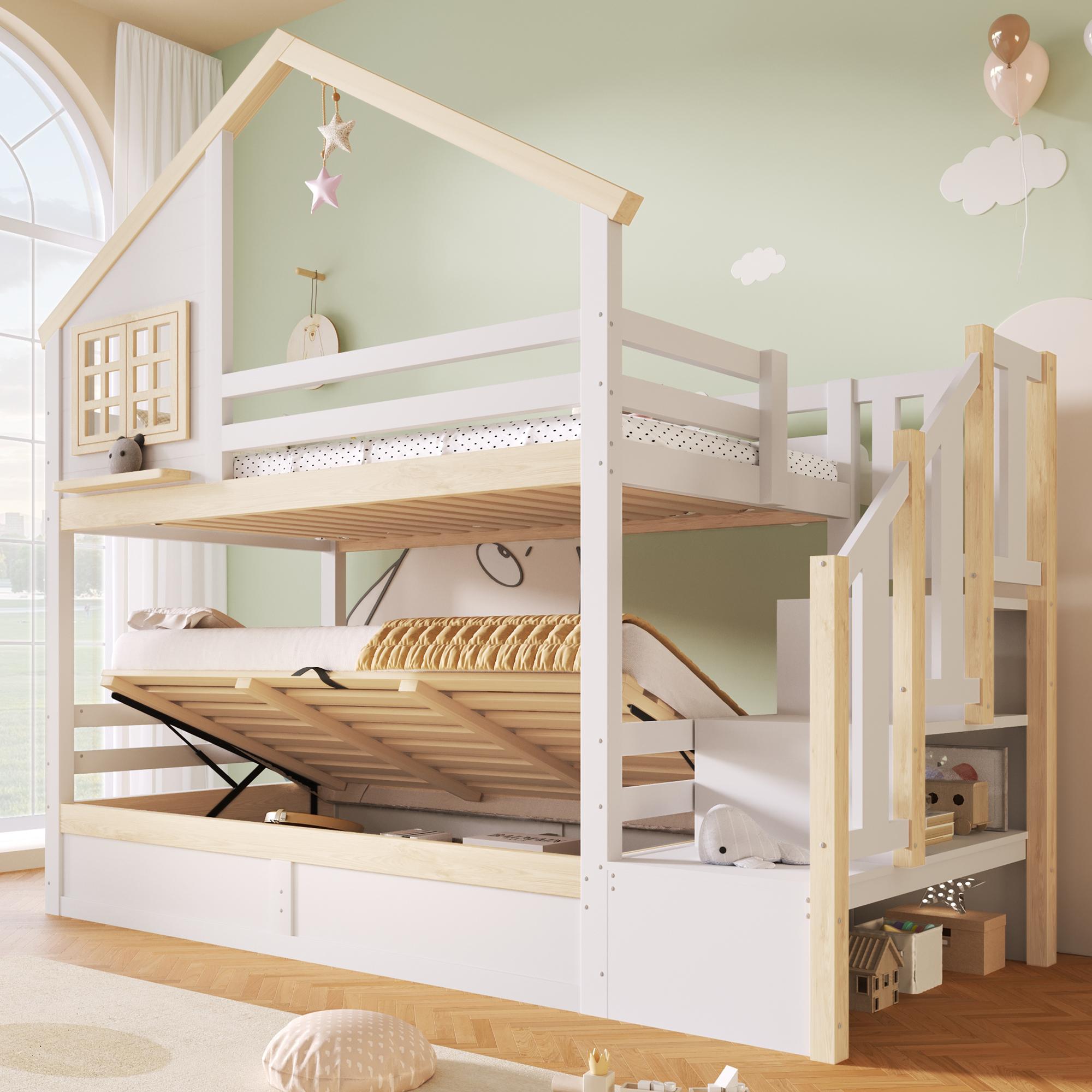 Flieks Kinderbett Hausbett 90x200cm mit Stauraum, Hydraulisches Etagenbett mit Fenster und Rausfallschutz, Hochbett 2 Kinder, Naturbelassen