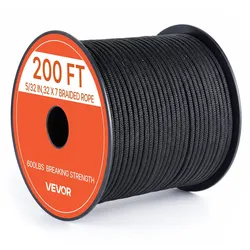 VEVOR Paracord Seil 4 mm x 60 m Fallschirmschnur aus Nylon Typ 550 Schwarz, Abriebfestes Mehrzweckseil für Heimgebrauch Camping & Outdoor, 272 kg Bruchlast, 32 Außen- & 7 Innenstränge, mit Seilspule