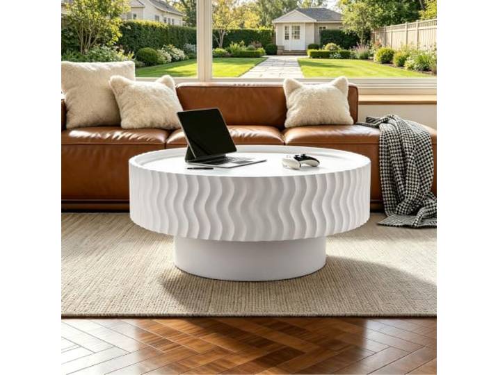 YPDOPORA 30,3 Zoll Moderner Runder Couchtisch Mit Rillenstruktur Wohnzimmer Runder Couchtisch in Trommelform Mit geriffelter Wellenstruktur und stabilem Standfuß für Wohnungen, einfache Montage