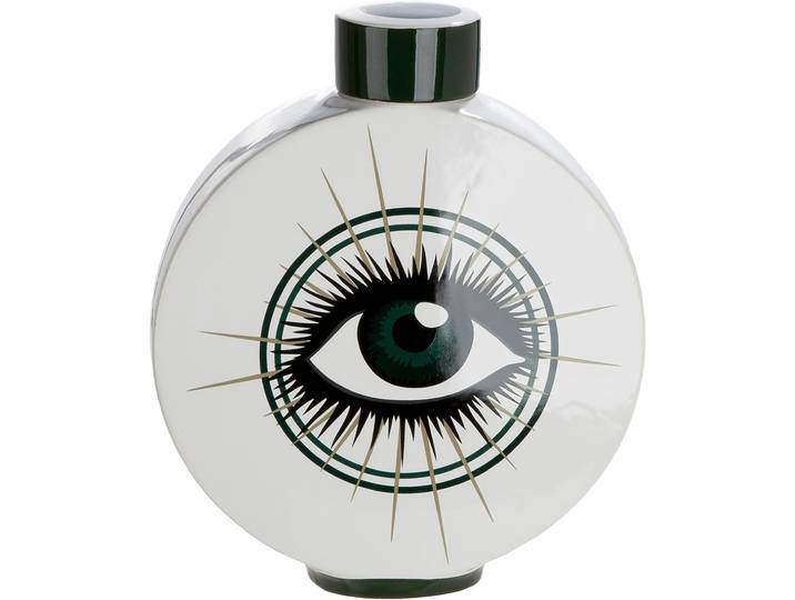 Tischvase GILDE Deckelvase rund Magic Eye , weiß, B:24cm H:29,5cm T:7,5cm, Keramik, Vasen, Tischvase, Deckelvase, Magic Eye, Musterdesign, Aufbewahrung, modern