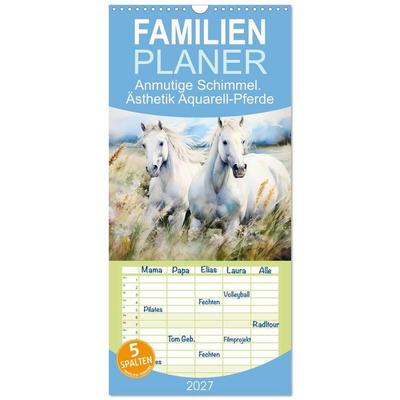 Familienplaner 2027 - Anmutige Schimmel. Ästhetik Aquarell-Pferde mit 5 Spalten (Wandkalender, 21 x 45 cm) CALVENDO