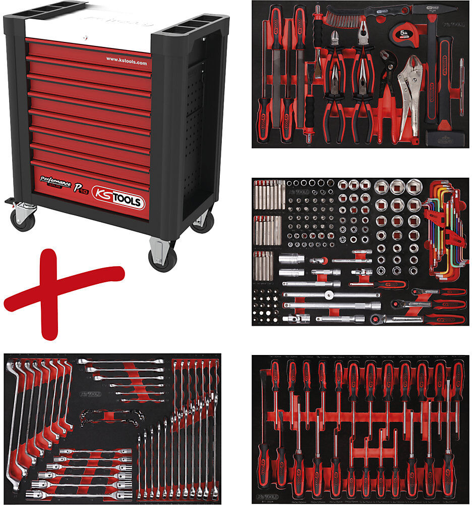 PERFORMANCEplus Werkstattwagen P10, mit 241 Werkzeugen, 8 Schubladen KS Tools