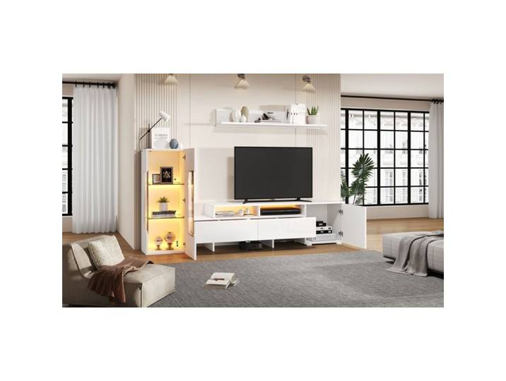 WOVREO Ensemble mural TV 3 pièces blanc brillant avec LED meuble TV 170 cm colonne et étagère murale