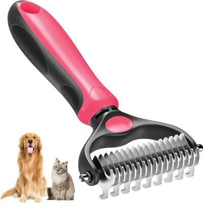 ModernMart GentleGrip Pet Grooming Brush For Dogs & Cats With Stainless Steel Deshedding Comb pink