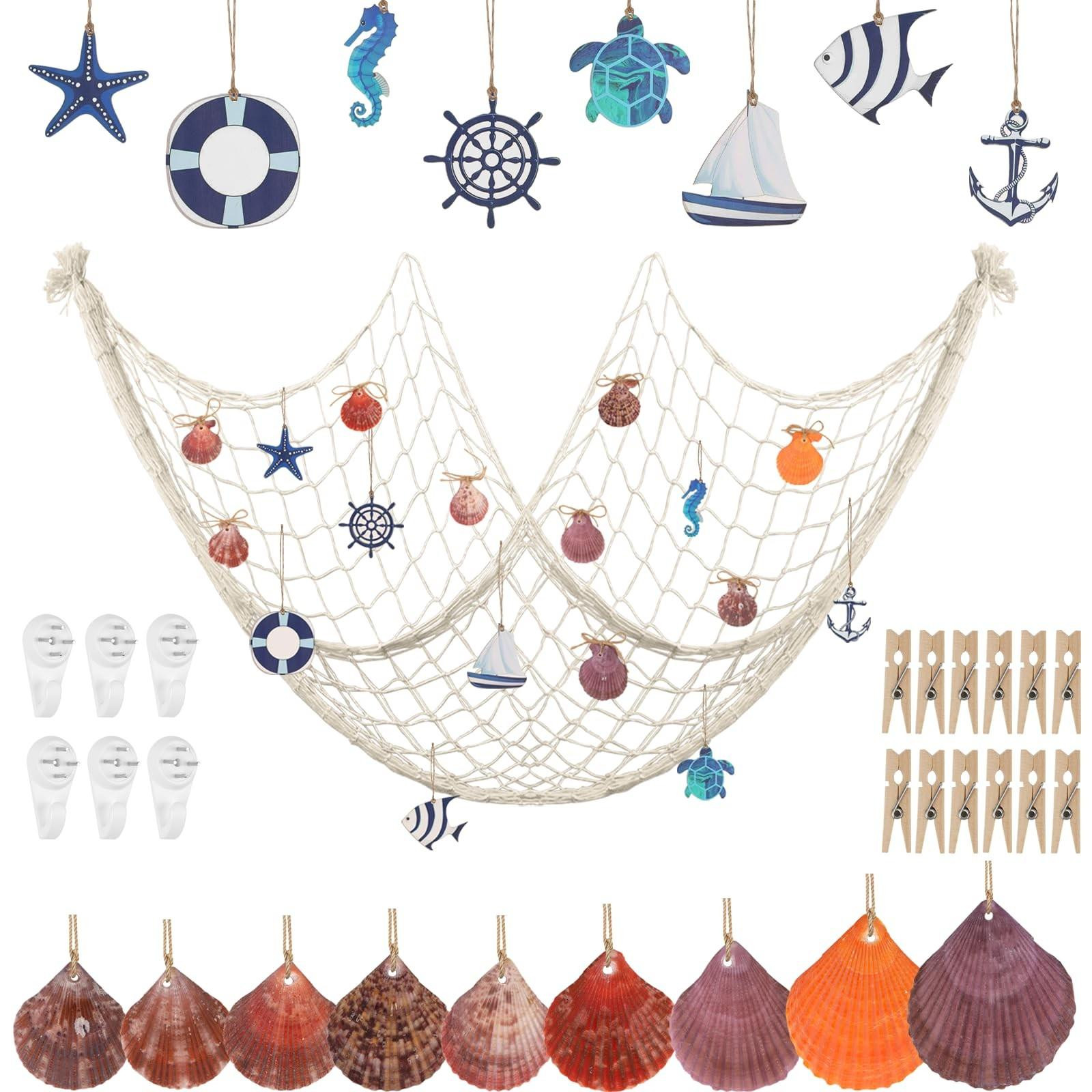 Decoratief Vissersnet met Schelpen en Fotohangers voor Maritieme Decoratie