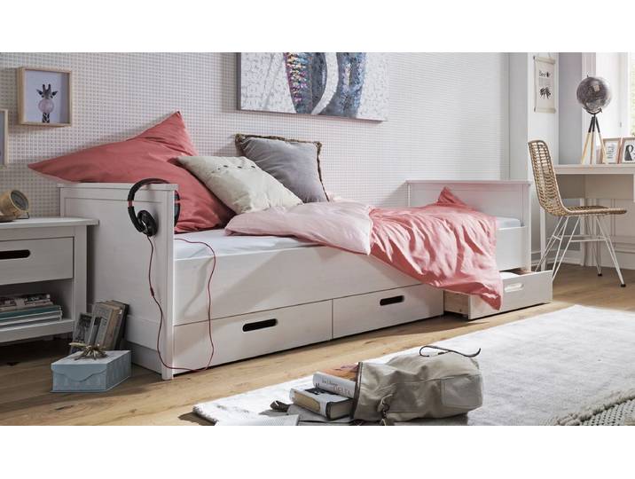 Bett mit Schubladen 90x200cm 'Maja' Kiefer massiv weiß lackiert