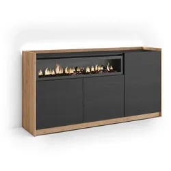 SIDEBOARD, Schwarz und Eiche, 156/37/80cm, Kamin mit Feuereffekt