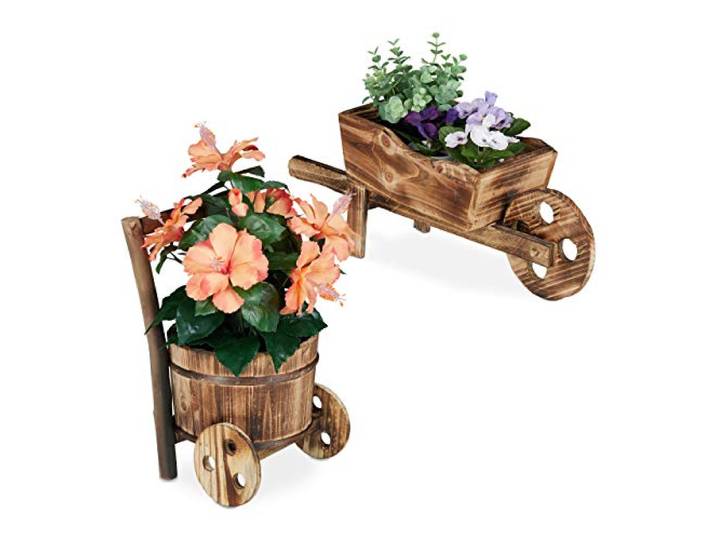 Relaxdays Pflanzschubkarre, 2er Set, flambiertes Holz, Gartendeko, Natur Vintage Design, Blumenkarre zum Bepflanzen