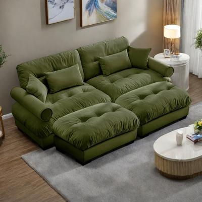 ZWYO HOSIMU "93.7"" Oversized Velvet 2-Seater Sofa with Ottoman, Round Bolster Armrests, and Included Pillows"