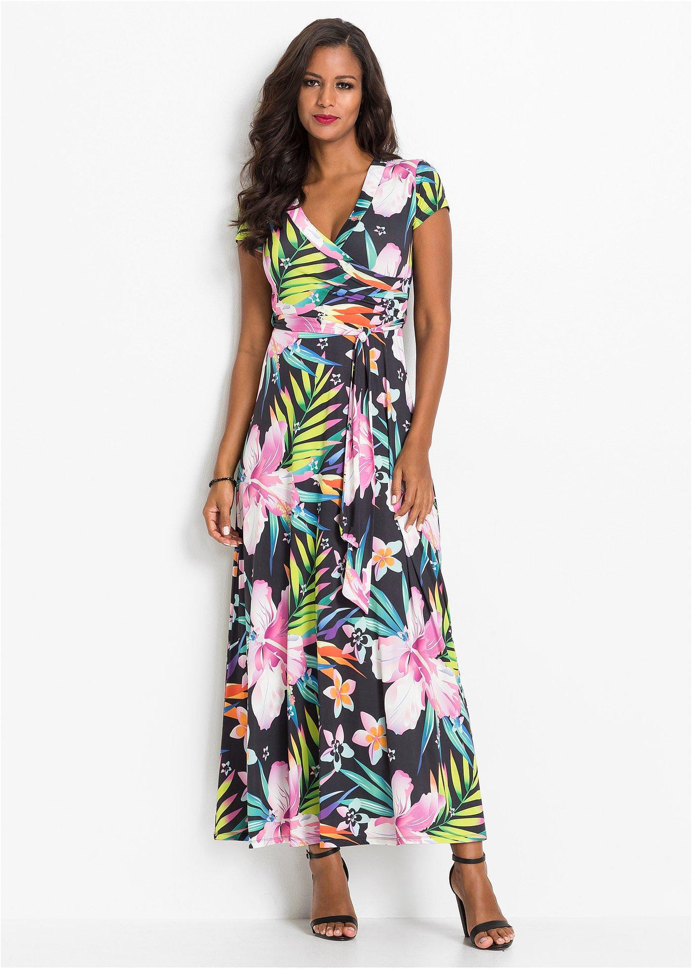 bonprix Maxikleid in Wickeloptik, schwarz, Gr.48/50 (XL), Maxikleid mit V-Ausschnitt und kurzen Ärmeln