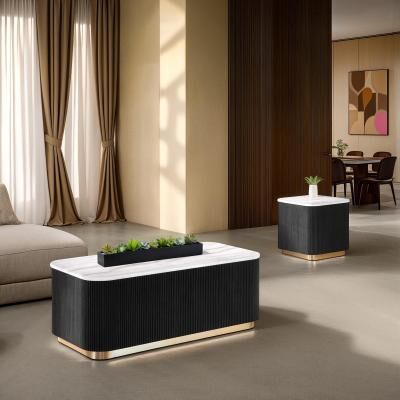 Esofastore Glam Black Finish Living Room Table Set Genuine Marble Top