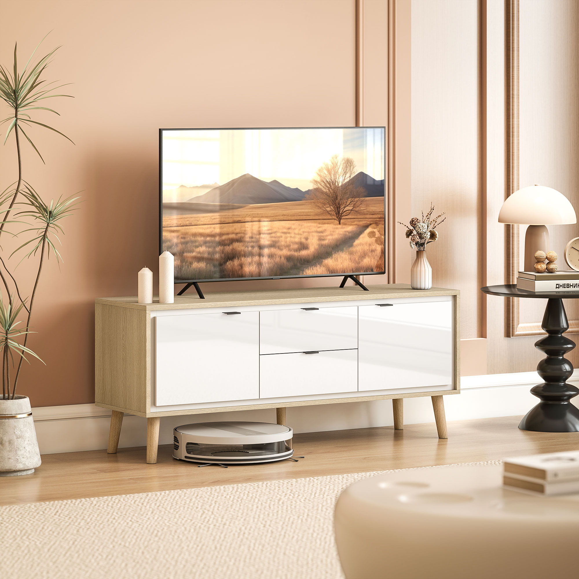 Homcom Mobile TV, per televisore fino a 55 pollici, con 2 ante lucide e 2 cassetti silenziosi, 120 x 35 x 50 cm, Bianco   Aosom Italy