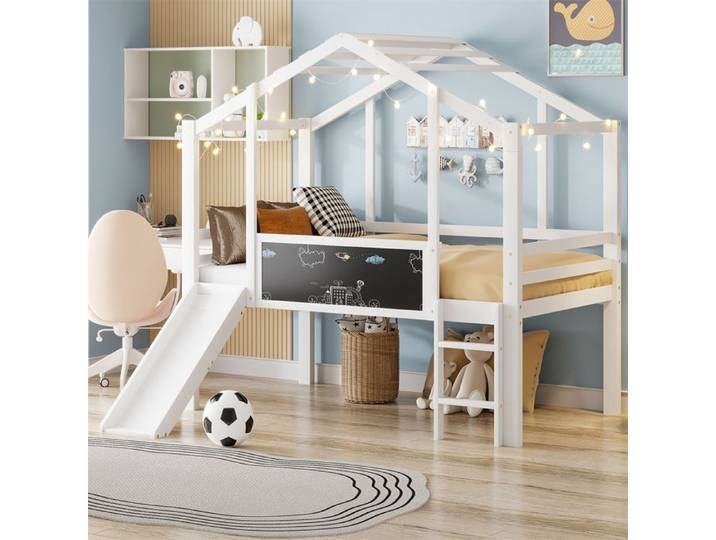 DRIPEX Lit mi-hauteur 90x200cm avec tableau noir et toboggan pour enfant Lit maison simple en bois robuste Blanc