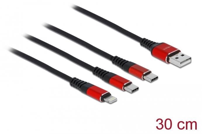 Delock USB-oplaadkabel 3-in-1 Type-A naar Lightning en 2x USB Type-C, 30 cm