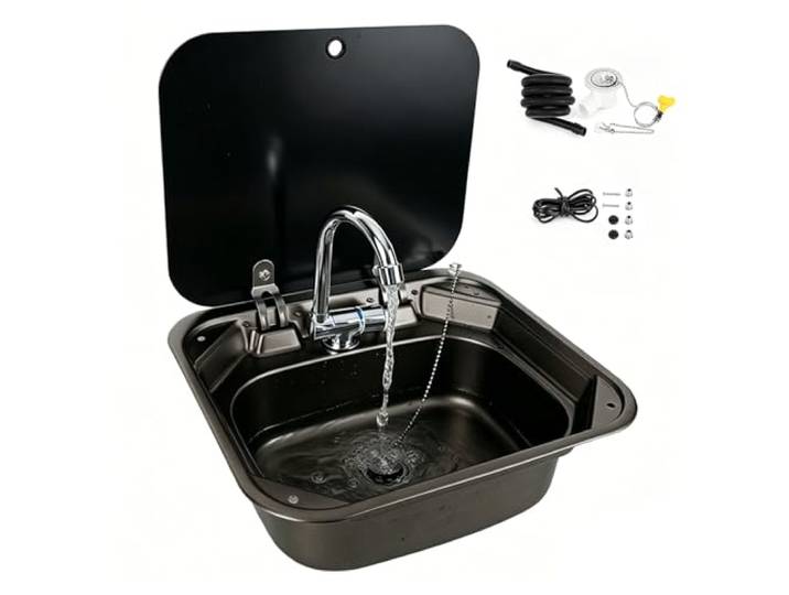WOTZOV Wohnmobil-Küchenspüle, Wohnmobil-Spüle, faltbarer Wasserhahn, verdeckte Abdeckung, 304 Edelstahl, für Wohnmobile, Wohnwagen, Boote und Bars, schwarz