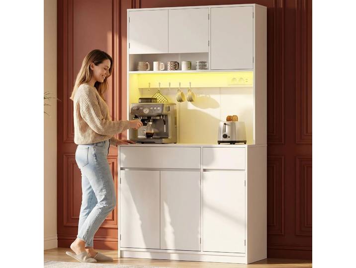 Armoire de cuisine blanche, armoire haute avec prises et bandes lumineuses LED, avec plans de travail et deux tiroirs, étagères réglables, cuisine