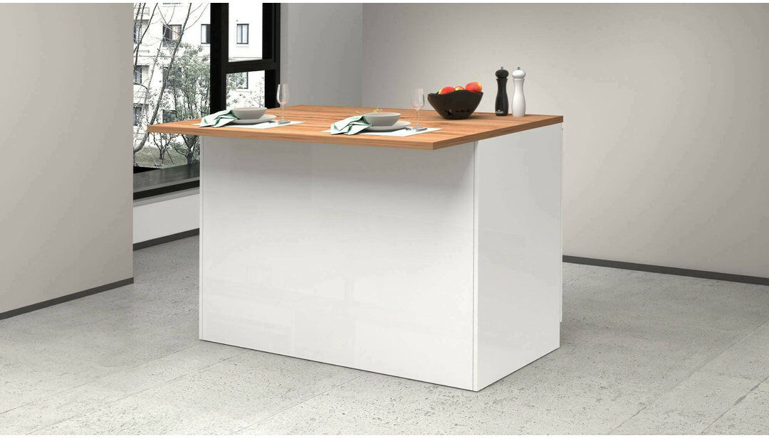 Ebern Designs Myrlaine 125 cm W Kitchen Island with Top Glossy White/Oak 90cm H X 125cm W X 90cm D