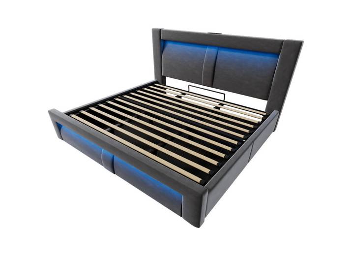 Oxeza Polsterbett 180/200 cm Grau mit Stauraum, LED-Beleuchtung, USB und Type-C-Ladeanschlüsse, Rechteckig, 180x200 cm, Schlafzimmer, Betten, Polsterbetten