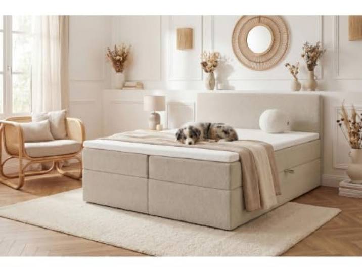 TRADA Boxspringbett Quelle Bett mit Matratze und Kopfteil 180x200, Beige Bettkästen mit seitlicher Öffnung, Bouclé-Stoff, Auf Rahmen gepolsterte Bonellmatratzen und Topper inklusive