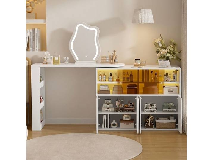 Coiffeuse d'Angle Blanche avec Miroir LED Table de Maquillage Pivotante 2 en 1 avec Rangements et Tiroirs 177x40x131 5cm