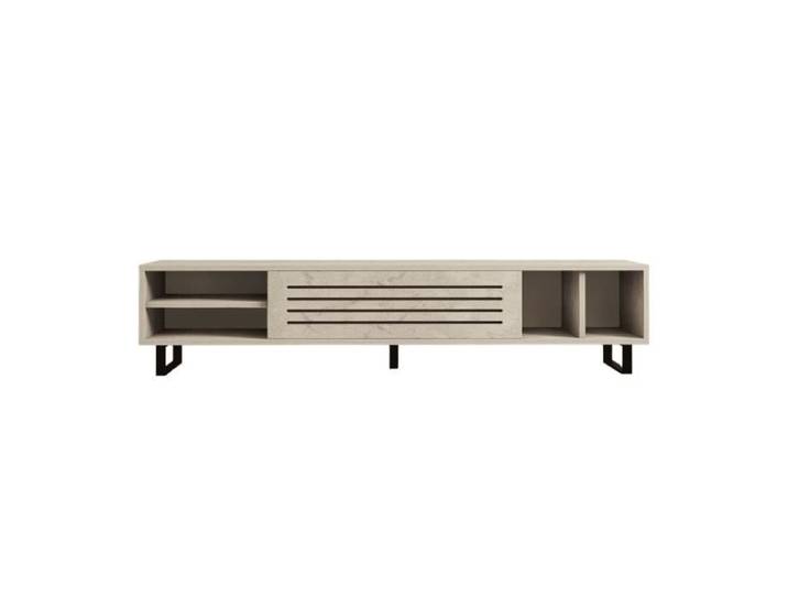 CALICOSY - Meuble TV 1 porte abattante et 4 niches décor travertin L160 cm - SAFIR - Beige