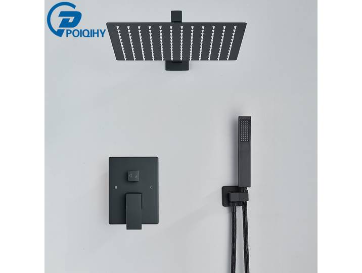 POIQIHY robinet de douche mural intégré, pomme de douche en acier inoxydable, mitigeurs de douche, noir mat
