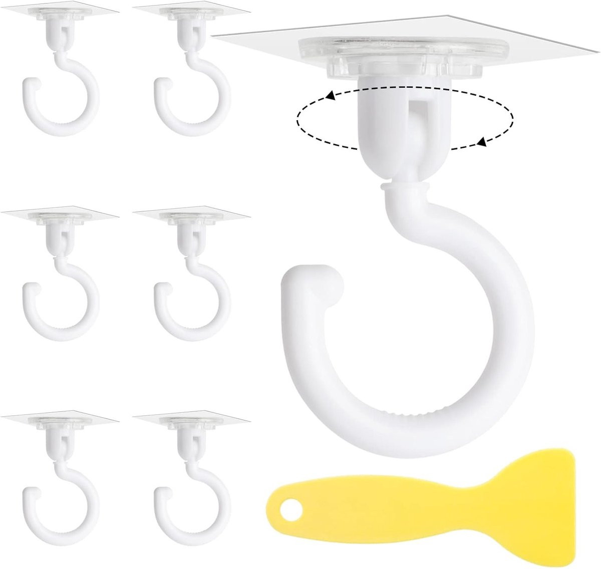 6 Stuks Zelfklevende Plafondhaken, 360° Draaibare Transparante Wandhaken voor Badkamer, Keuken en Kantoor, Waterdichte Haak met Schraper