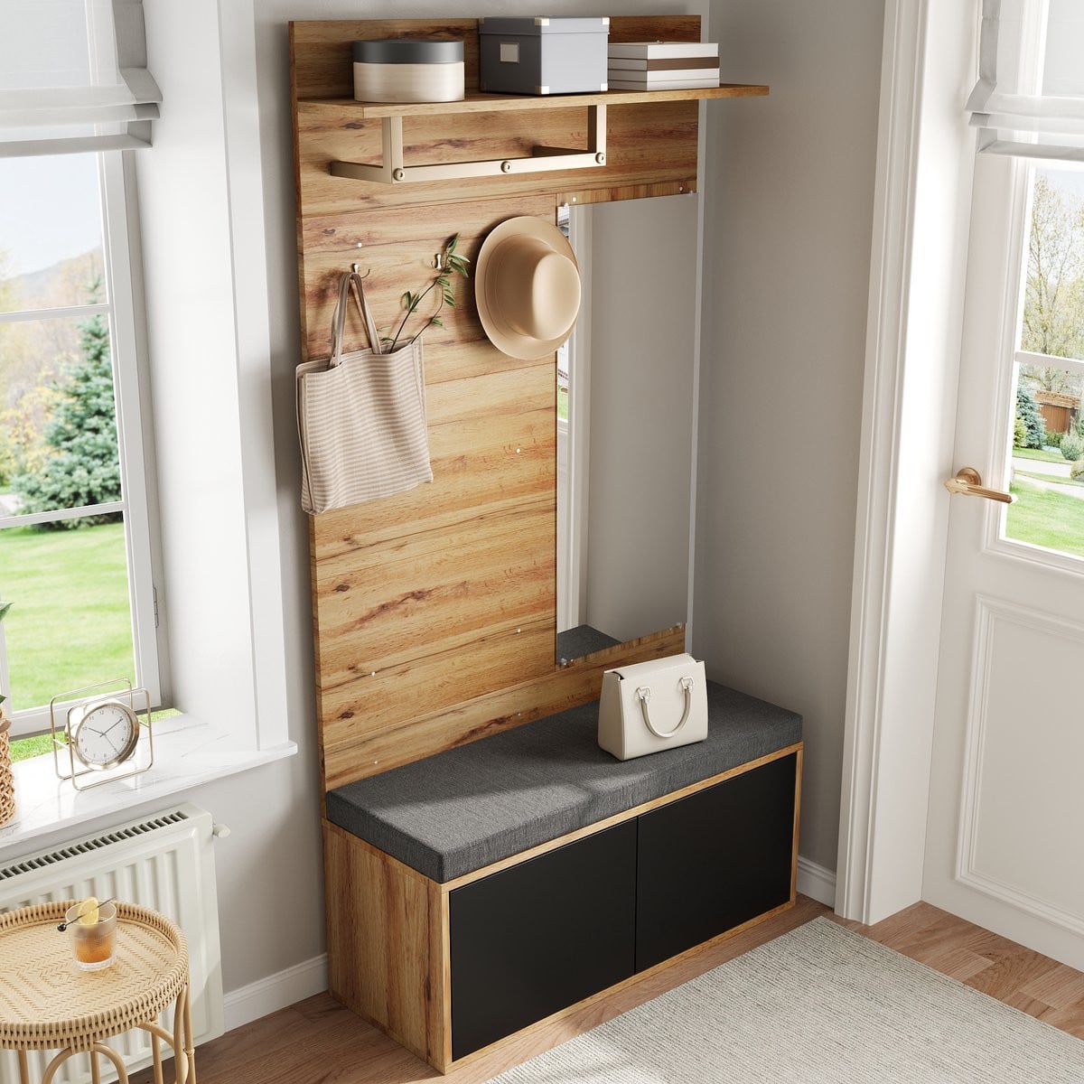 MODENUIT Halgarderobe met spiegel, schoenkast en zitting - Zwart hout - B: 110 cm, D: 38 cm, H: 190 cm