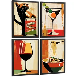 POSTER 4er Set Küchen-Wandbilder Vintage Katze Sardinen Martini Wein und Pasta Retro Esszimmer Bar Deko Schwarzer Rahmen A4
