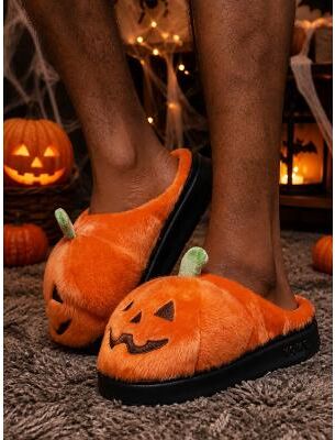 LightInthebox Men's 3D Pumpkin Halloween Slippers, Plush Jack-O'-Lantern Closed-Toe House Shoes for Fun-Loving Men, Parties and Indoor Wear