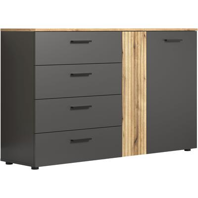 Kommode HOME AFFAIRE "Estepona", grau (anthrazit und eichefarben), B:139cm H:86cm T:38cm, Sideboards, Kommode, Schubladenschrank in Rillenoptik mit Vollauszug-Funktion