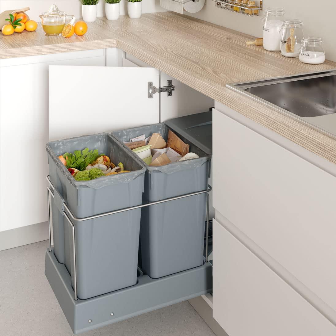 Ausziehbarer Mülleimer 2x30L, Breite 384 mm, grau