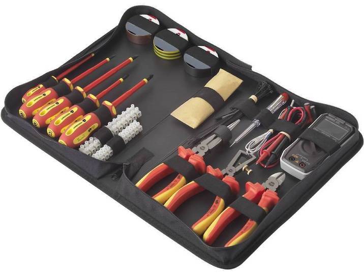 TOOLCRAFT TO-7762929 Kit d'outils d'électricien\, de bricoleur en sacoche 50 pièces with Digital multimeter VOLTCRAFT VC-22
